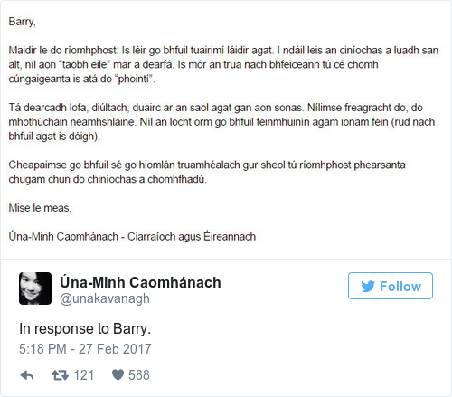Tweet by @Úna-Minh Caomhánach