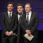Reunited on stage Keith McErlean, Simon Delaney and Don Wycherly of Bachelors Walk. Photo by KOBPIX.