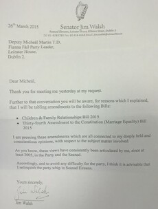 Conservative senator Jim Walsh resigns from Fianna Fáil parliamentary party