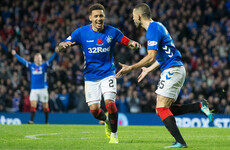 Irish midfielder sent off, as Steven Gerrard's Rangers score 7 to close in on Celtic