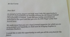 Arsene Wenger congratulates Karl Lacey on winning All-Ireland, Player of the Year