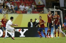Luis Suarez scored this free-kick for Uruguay but Spain get off to a flier in Brazil