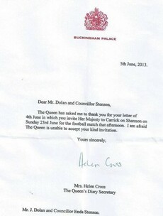 Queen Elizabeth was invited to the Leitrim-London game in Carrick this week but can't make it