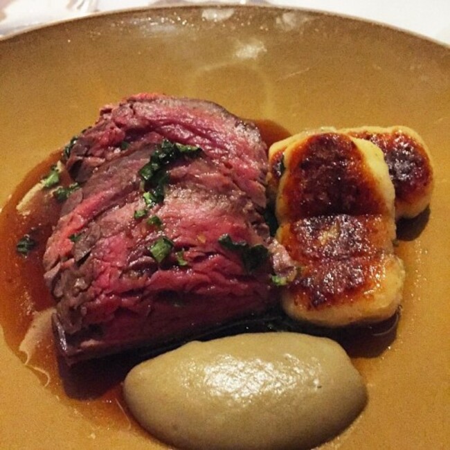 Pink beef fillet with filled gnocchi and shallot pur&eacute;e. melt in the mouth! thrilled to taste Irish Head Chef Anna Haugh's dishes - finally! @londonhousesw11