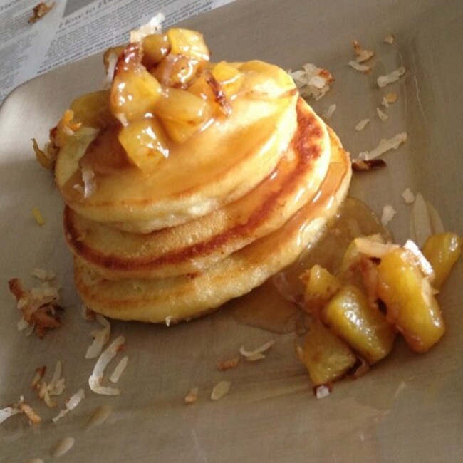 In honor of #laborday a little island massive treat for all my #caribbean peeps. Pi&ntilde;a Colada Pancakes... Roasted Pineapples drenched in Rum, toasted coconut in a Rum coconut syrup! #popbyyaz #popyum #pinacolada #pinacoladapancakes #pancakes #brunch #rumsyrup #islandmassive #yum