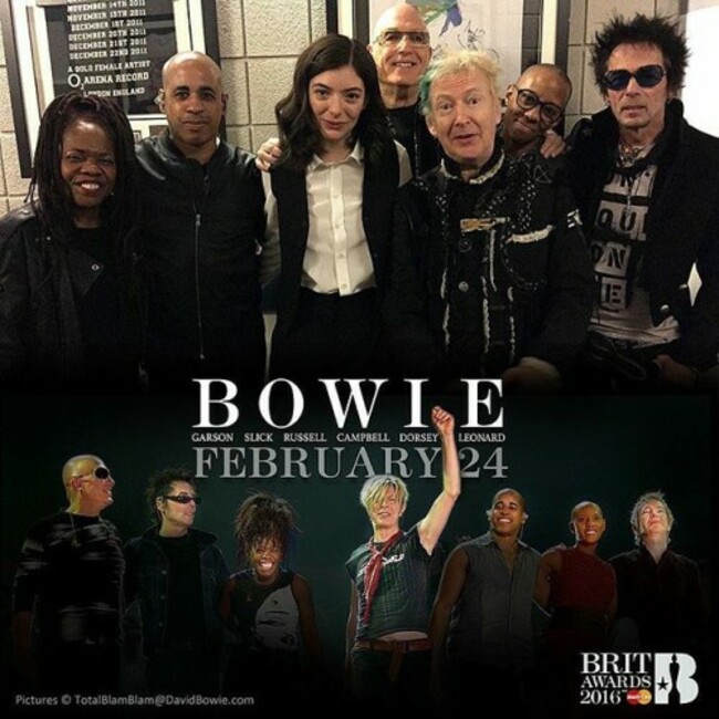 STANDING OVATION FOR BRITS BOWIE TRIBUTE Oh man! Wonder if he'll ever know Following moving spoken word tributes from singer Annie Lennox and actor Gary Oldman, Lorde joined David Bowie's touring band for a beautiful and heartfelt rendition of Life On Mars?, at the Brit Awards ceremony in the London O2 Arena tonight (Wednesday). After Annie's touching eulogy, Gary Oldman accepted the Brits Icon Award on behalf of David Bowie and gave an equally moving speech before introducing Lorde singing with the last Bowie touring band. The band, consisting of (in alphabetical order): Sterling Campbell (drums), Gail Ann Dorsey (bass), Mike Garson (piano), Gerry Leonard (guitar), Catherine Russell (keyboards and guitar) and Earl Slick (guitar), ran through a medley of Space Oddity, Rebel Rebel, Let's Dance, Ashes To Ashes, Ziggy Stardust, Fame, Under Pressure and Heroes. Lorde entered the stage as the medley segued into a piano led, full band rendition of Life On Mars?. The 19-year-old singer delivered a stylish and beautifully fragile but assured performance, prompting a standing ovation from the capacity crowd and gathered celebrities. During rehearsals earlier in the day Lorde posed with the band for pictures and expressed her gratitude for being given the honour of performing with them in David's honour. Following the sad announcement of David's passing in January, she posted this tribute to him on her FB page: http://smarturl.it/LordeDBFBtribute Meanwhile, you can watch both Annie Lennox and Gary Oldman's contributions on the official Brit Awards 2016 YouTube channel: http://smarturl.it/AnnieGaryTributesYT And if it's still there when you look, Slate have hosted a video of the Band's full performance: http://smarturl.it/BowieTributeSlate (See DavidBowie.com for more images) ‪#&lrm;BowieBrits‬ ‪#&lrm;BowieLorde‬ ‪#&lrm;BowieLennoxOldman‬