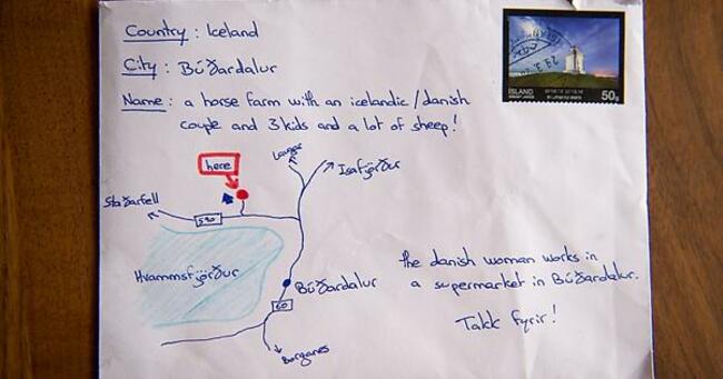 Without an address, an Icelandic tourist drew this map of the intended location (B&uacute;&eth;ardalur) and surroundings on the envelope. The postal service delivered!