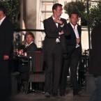French President Nicolas Sarkozy, third from right, is seen surrounded by bodyguards during the set of the movie. (AP Photo/Thibault Camus)