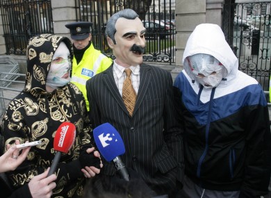 Blindboy Boat Club and Mr Chrome of the Rubberbandits pose at Leinster House last night 