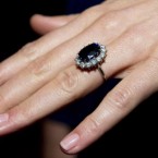 Kate Middleton, wearing her engagement ring which once belonged to Diana, Princess of Wales, on the day her engagement to Prince William was announced.