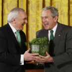 Bertie Ahern presents George W Bush with a bowl of shamrocks on St Patrick's Day 2008 when he was still Taoiseach, and Bush was still president of the US. The crystal piece was the only 'Bertie Bowl' Ahern managed to get his hands on as Taoiseach: on exiting the Dail this week after 34 years, Ahern said one of his biggest regrets was that he never got to build his national stadium. He came under heavy criticism from the public for not citing healthcare or the economic legacy his government left behind as his biggest regrets.