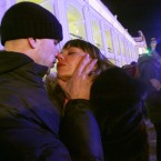 Couples share a tender moment during a flash mob to mark Valentine's Day in St.Petersburg, Russia. (AP Photo/Dmitry Lovetsky)