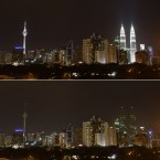These two combo photos show Malaysia's landmark Petronas Twin Towers, right, and KL Tower, left, being turned off the lights to mark Earth Hour in Kuala Lumpur, Malaysia, Saturday, March 26, 2011. (AP Photo/Lai Seng Sin)