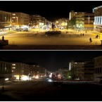 A combination picture show the 'Gotaplatsen' square and 'Kungsportsavenyn' street before and during (picture below) the Earth Hour in Gothenburg, Sweden, March 26, 2011. During Earth Hour people around the world turn off the electric lights for an hour from 2030 hours to focus on climate problems. (AP Photo / Johan Nilsson / SCANPIX)