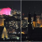 A combination picture show the Hogalid church (left) and the Ericsson Globe arena (right) before and during (right picture) the Earth Hour in Stockholm, Sweden, March 26, 2011. During Earth Hour people around the world turn off the electric lights for an hour from 2030 hours to focus on climate problems. (AP Photo / Johan Nilsson / SCANPIX)