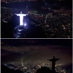 COMBO - This two-picture combo shows an aerial view of the iconic Christ the Redeemer statue before and after the lights that illuminate the statue are switched off to observe an hour of voluntary darkness for the global