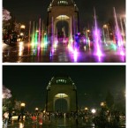 COMBO - This two-picture combo shows the Monument of the Revolution before and after the lights that illuminate the plaza are switched off to observe an hour of voluntary darkness for the global