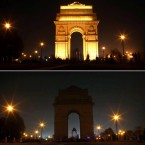 In this combination of two images, the landmark India Gate is seen lit, top, and then in darkness as the lights are turned out for one hour to mark Earth Hour, in New Delhi, India, Saturday, March 27, 2010. Buildings in some 4,000 cities in more than 120 countries were expected to unplug to reduce energy consumption and draw attention to the dangers of climate change, with participants turning off the lights when the clock strikes 8:30 p.m. local time. (AP Photo/PTI, Aman Sharma)