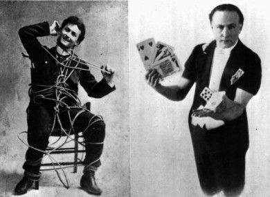Undated images of Harry Houdini performing a rope escape and card tricks.
