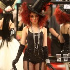 A model seen in an Alice in Wonderland themed outfit in the Fantasy section of the OMC European Championships at the RDS in Dublin today. (Niall Carson/PA Wire)