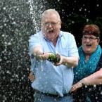 Colin and Chris Weir, from Largs in Ayrshire, celebrate during a photo call at the Macdonald Inchyra Hotel & Spa in Falkirk, after they scooped £161 million in Tuesday's EuroMillions draw.