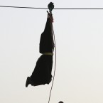 An Iranian woman, veiled head to toe, descends a zip line at a park in Tehran (AP Photo/Vahid Salemi)