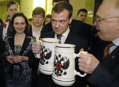 Dmitry Medvedev samples some low-alcohol home brewing during a visit to a university in 2008.