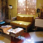 A glimpse at a retro living room at Kate's Lazy Meadow near the Castkill Mountains, NY