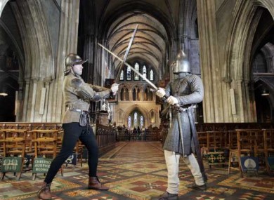 Heritage Week celebrations at St Patrick's Cathedral. Costume soldiers re-enact a battle between two feuding Irish families, the Butlers and the Fitzgeralds.