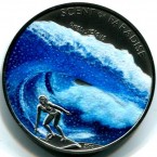 Palau - an island nation in the Pacific Ocean - has a whole host of unusual coins, including one that doubles as a dealer button for poker games. However, this has to be one of the strangest coins in the world. The coloured coin depicts a female surfer with the slang word 'onoliscious' (surfer slang for great). 

The weird thing? Sniff it - it is part of the 'Scent of Paradise' coin collection. This one supposedly smells like a Sea Breeze. 