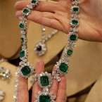 Taylor's emerald and diamond necklace and pendant, part of a suite by BVLGARI, a gift of Richard Burton. (AP Photo/Richard Drew)