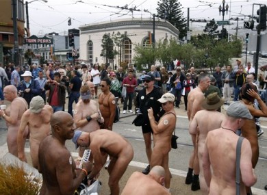 Nudists gathering for yesterday's protest in San Francisco.