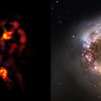 A side-by-side comparison of distorted colliding spiral galaxies about 70 million light years from Earth in the Corvus constellation. Compares images made in two different wavelength ranges by ALMA (left) with visible-light observations from the ESO's Very Large Telescope. (Image: ALMA (ESO/NAOJ/NRAO). Visible light image: ESO/Alberto Milani)