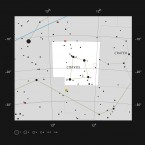 A chart showing the location (marked by a red circle) of the Antennae Galaxies. The chart marks stars which can be seen by the unaided eye from a dark site. (Image: ESO, IAU and Sky & Telescope)