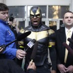 Ben Fodor/Phoenix Jones outside court yesterday, announcing his intention to continue his patrols. (AP Photo/Ted S. Warren/PA Images)