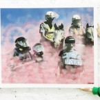 Artwork entitled Riot Police at the Pricks and Mortar exhibition by ADW. (Image: Niall Carson/PA Wire)