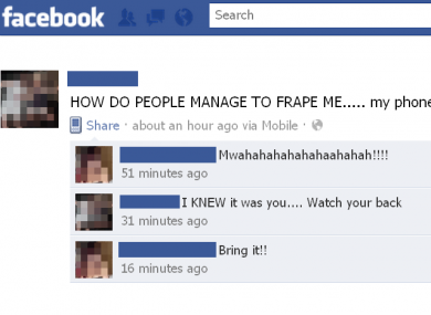 An example of a 'Frape' - where a person takes over another's Facebook profile, usually because the other has not logged out on a computer.
