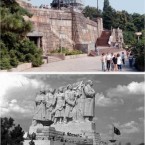 Michael Jackson's statue (top) was erected in Prague in a spot once occupied by a massive 12-metre high and 30-metre wide monument of Stalin (bottom) on the occasion of Jackson's first concert of his world History tour in 1996.
The Stalin monument shown in a 1956 file photo was taken down and destroyed in 1963.
Image: AP Photo/Tomas Turek/CTK