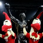 Men dressed in chicken costumes stand by a huge statue of the film character Rocky Balboa after it was unveiled in the village square in Zitiste, north of Belgrade in 2007.
The village of Zitiste has repeatedly suffered heavy flooding, gaining a disaster-prone reputation. Fed up, the locals started contemplating how to change that image and revive the village, which is one of the poorest in northern Serbia, and decided to erect the statue of Rocky.
AP Photo/Srdjan Ilic