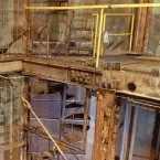 A rusting spiral staircase inside the chamber