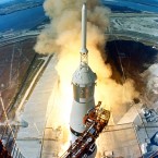 A plume of flames marks the lift-off of Apollo 11 from the Kennedy Space Centre on 16 July 1969, carrying astronauts Neil Armstrong, Michael Collins and Edwin 'Buzz' Aldrin. (NASA)