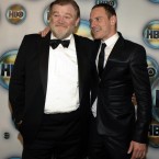 Irish actors Brendan Gleeson and Michael Fassbender commiserate at HBO's awards after party. (AP Photo/Dan Steinberg/PA Images)