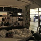 Between commuters and trains, how would you ever get any sleep?
Also, this is the same area where the champagne party was happening earlier. Couch-bed!