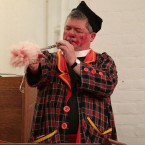 The Revd Roly Bain ('Clown Roly' and Hon Curate and Clown's Chaplain), wearing full costume during a service in memory of celebrated clown Joseph Grimaldi yesterday in Dalston. (Yui Mok/PA Wire)
