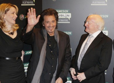 Al Pacino with Irish President Michael D Higgins and Anna Malmhake, chair and CEO of Irish Distillers ahead of this evening's screening at the Savoy Cinema.