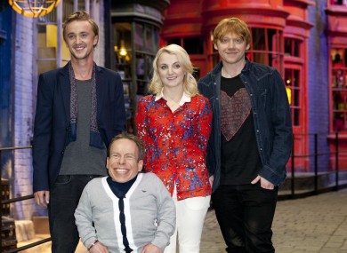 Actors Tom Felton, Warwick Davis, Evanna Lynch and Rupert Grint at the launch the Warner Bros. Studio Tour in London.