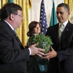 And on his last St Patrick's Day in office, Cowen headed back to the White House with the traditional bowl of shamrock. (AP Photo/Alex Brandon/PA Images)