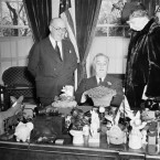 Though this does not capture a presidential shamrock reception event, this St Patrick's Day 1941 photo shows President Franklin D Roosevelt and his wife Eleanor looking at two wedding anniversary gifts: a potted shamrock plant and an Irish potato. It was their 36th anniversary of their wedding. We think Mrs Roosevelt's face says it all, really. (AP Photo/PA Images)