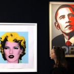 Picture by British artist Banksy, entitled 'Kate Moss', left, and Shepard Fairey's print depicting U.S. President Barack Obama (Alastair Grant/PA Images)