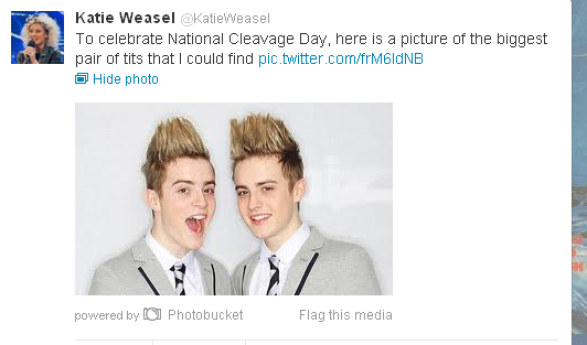 Note: This is not the account of X-Factor's Katie Weasel. But it's a rather good fake.